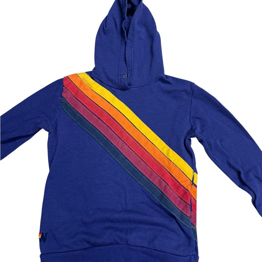 Aviator Nation Blue Sweater with Rainbow Stripes